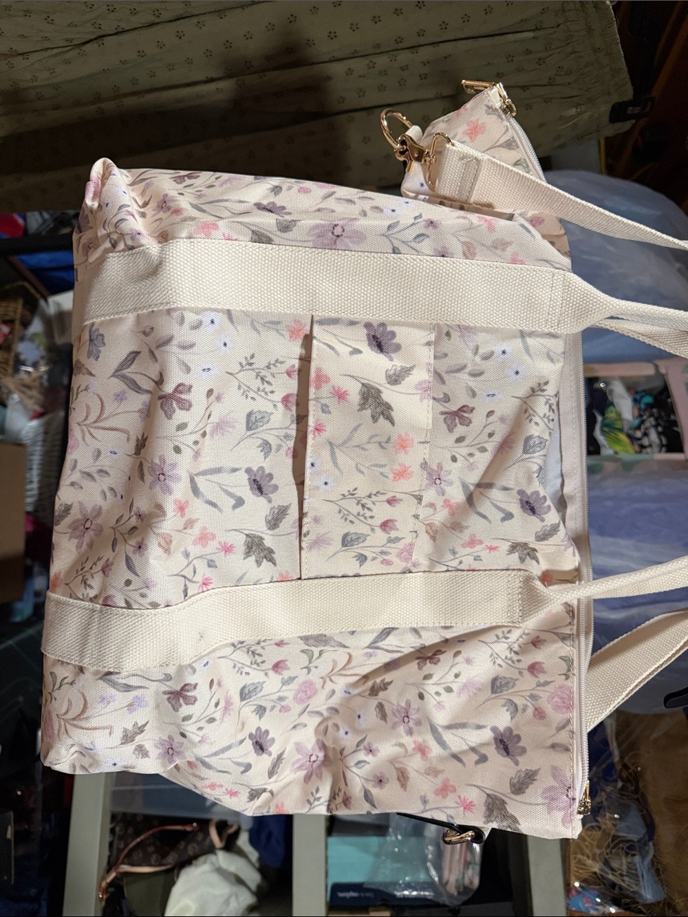 Poppy & Peonies Floral Canvas Tote - Cream with Pastel Flowers - Picture 3 of 10